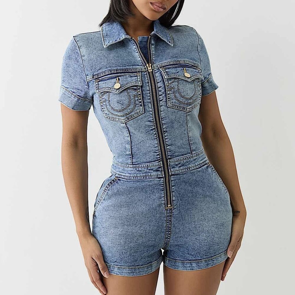 True Religion Y2K Denim Zip Front Romper Short Sleeve Acid Wash Jumpsuit XS